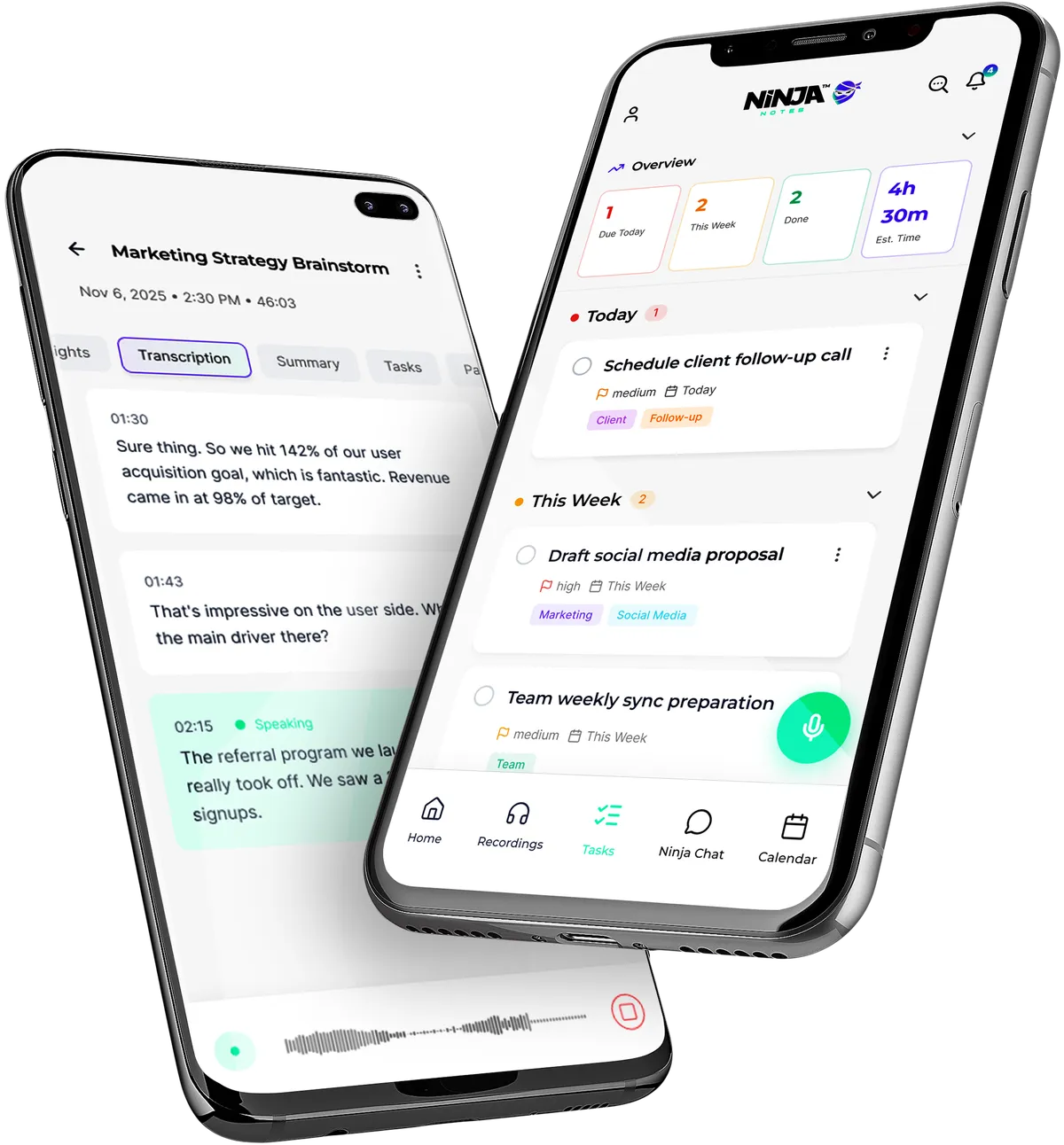 Ninja Notes mobile app showing transcription and tasks